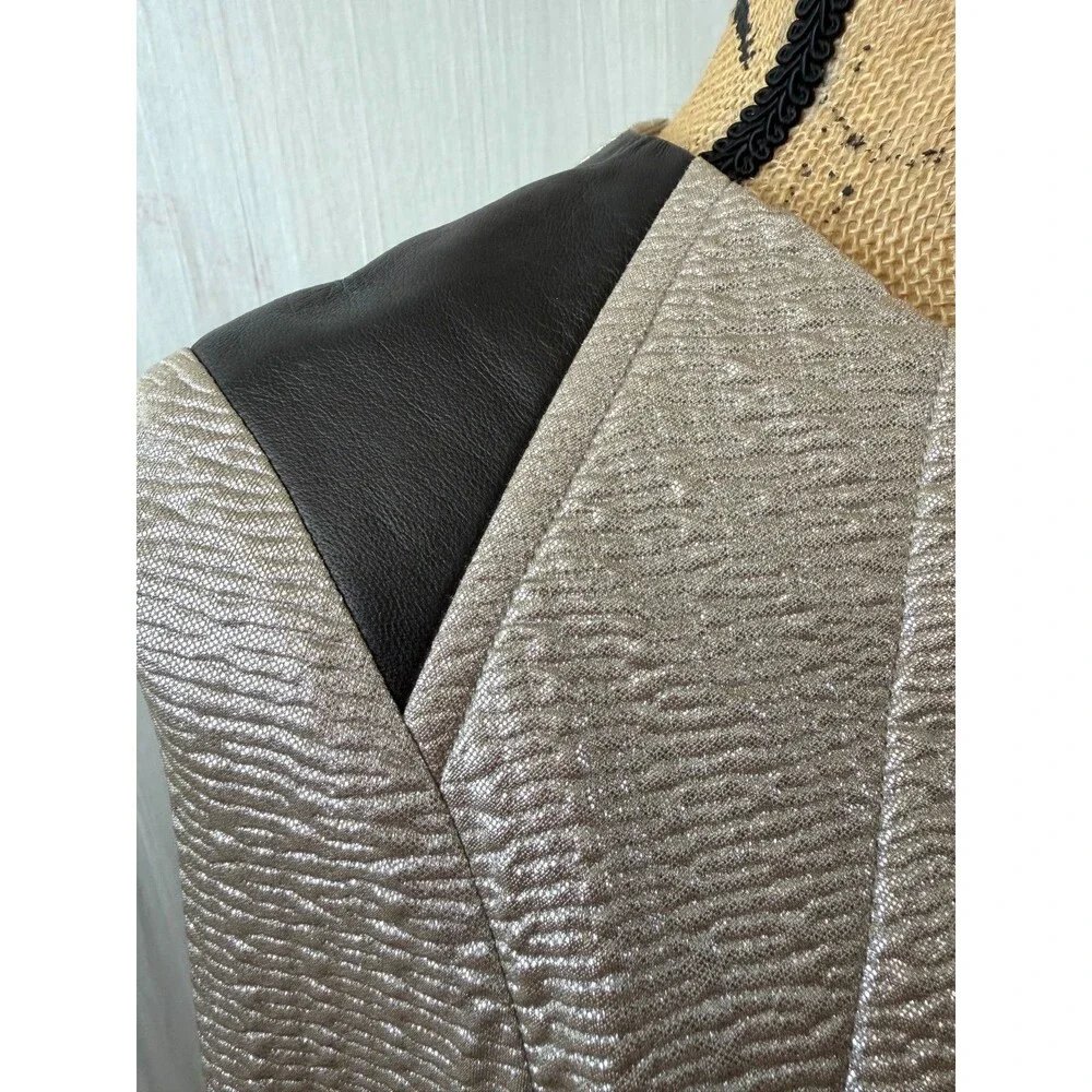 Cut25 Yigal Azrouël Gold Metallic Textured Dress Lambskin Trim Long Sleeve S